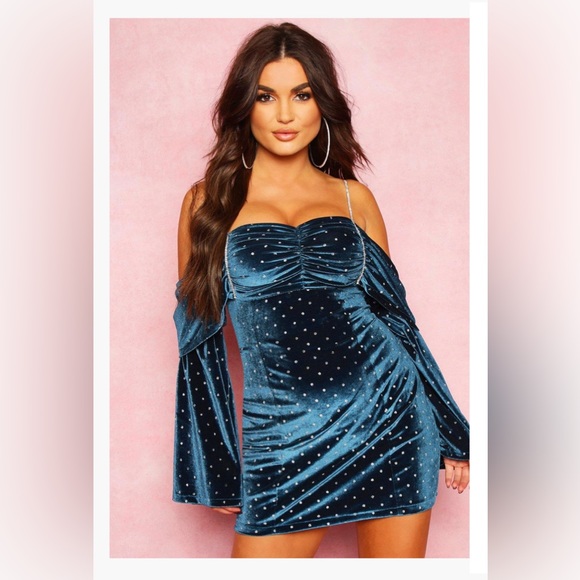 NWOT Polka Dot Diamanté Trim Off-the-shoulder Mini Dress in Teal *see note* - Picture 1 of 5
